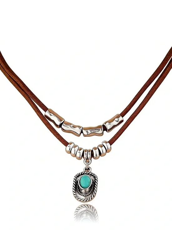 Boho Layered Brown Suede Necklace with Turquoise Pendant Cowboy Hat - Picture 2 of 2